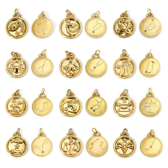 Изображение 2 ШТ вакуумное покрытие 304 Нержавеющая Сталь Ретро Подвески Круглые Позолоченный Знак Зодиака