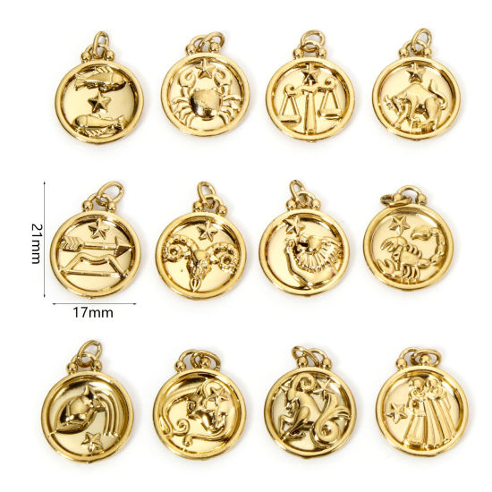 Изображение 2 ШТ вакуумное покрытие 304 Нержавеющая Сталь Ретро Подвески Круглые Позолоченный Знак Зодиака