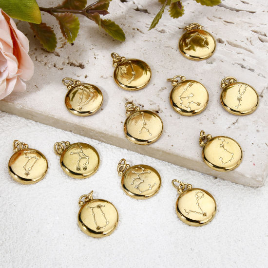 Изображение 2 ШТ вакуумное покрытие 304 Нержавеющая Сталь Ретро Подвески Круглые Позолоченный Знак Зодиака