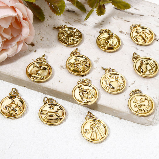 Изображение 2 ШТ вакуумное покрытие 304 Нержавеющая Сталь Ретро Подвески Круглые Позолоченный Знак Зодиака