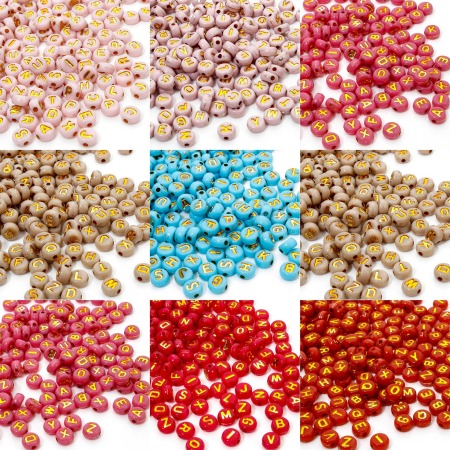 500 Pz Acrilato Perline per la Creazione di Gioielli con Fai-da-te Multicolore Tondo A Caso Misto Lettere " A-Z " Smalto Circa 7mm Dia, Foro: Circa 1.5mm