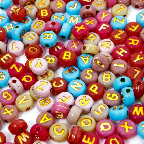 Picture of Acrylic Beads For DIY Jewelry Making Multicolor Round At Random Mixed Message " A-Z " Enamel About 7mm Dia., Hole: Approx 1.5mm