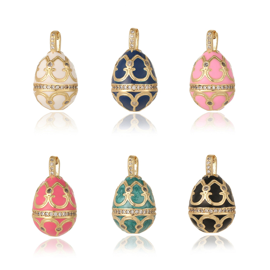 Image de 1 Pièce Breloques Jour de Pâques en Laiton Respectueux de la Nature Œuf de Pâques Plaqué Or Véritable 18K Multicolore Motif Sculpté Émail 23.5mm x 13.5mm