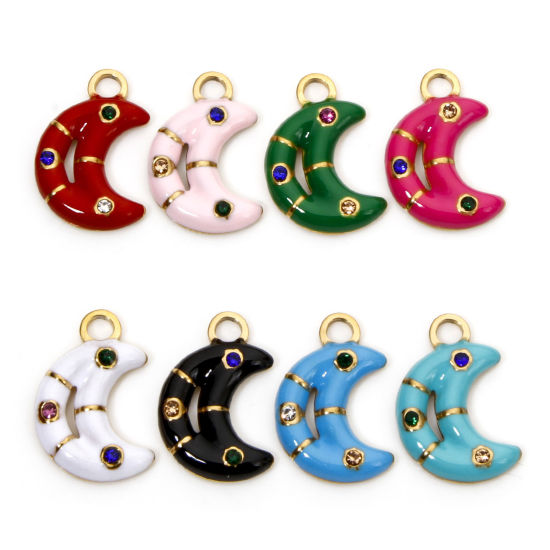 Изображение 2 ШТ вакуумное покрытие 304 Нержавеющая Сталь галактика Подвески Луна половина Позолоченный Пончик С Эмалью Разноцветный Горный Хрусталь