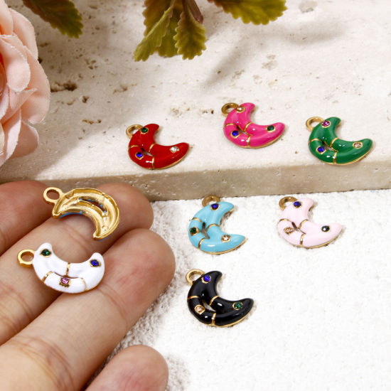 Изображение 2 ШТ вакуумное покрытие 304 Нержавеющая Сталь галактика Подвески Луна половина Позолоченный Пончик С Эмалью Разноцветный Горный Хрусталь