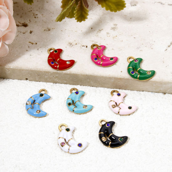 Изображение 2 ШТ вакуумное покрытие 304 Нержавеющая Сталь галактика Подвески Луна половина Позолоченный Пончик С Эмалью Разноцветный Горный Хрусталь