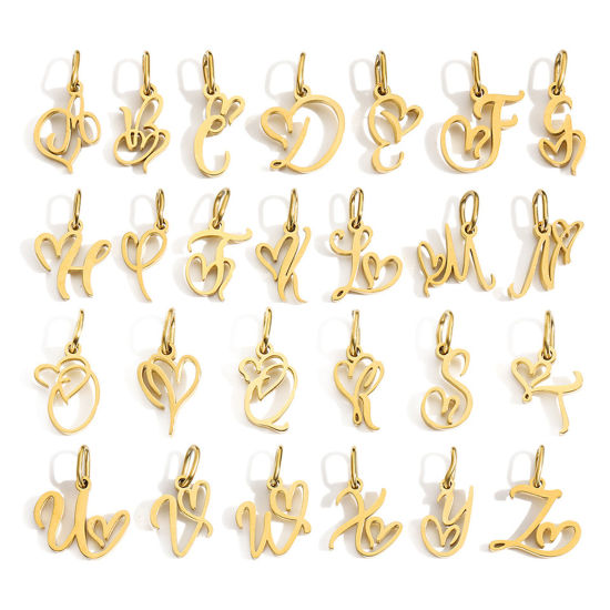 Picture of 304 Stainless Steel Charms Capital Alphabet Initial Letter Heart Message " A-Z " With Jump Ring 14mm x 9mm