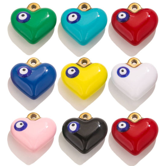 Picture of 304 Stainless Steel Charms 18K Gold Plated Heart Evil Eye Enamel 17mm x 17mm