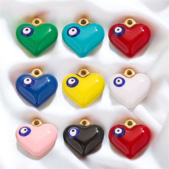 Picture of 304 Stainless Steel Charms 18K Gold Plated Heart Evil Eye Enamel 17mm x 17mm