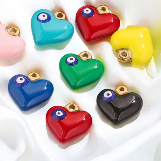 Picture of 304 Stainless Steel Charms 18K Gold Plated Heart Evil Eye Enamel 17mm x 17mm