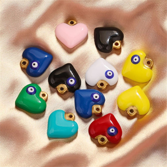 Picture of 304 Stainless Steel Charms 18K Gold Plated Heart Evil Eye Enamel 17mm x 17mm