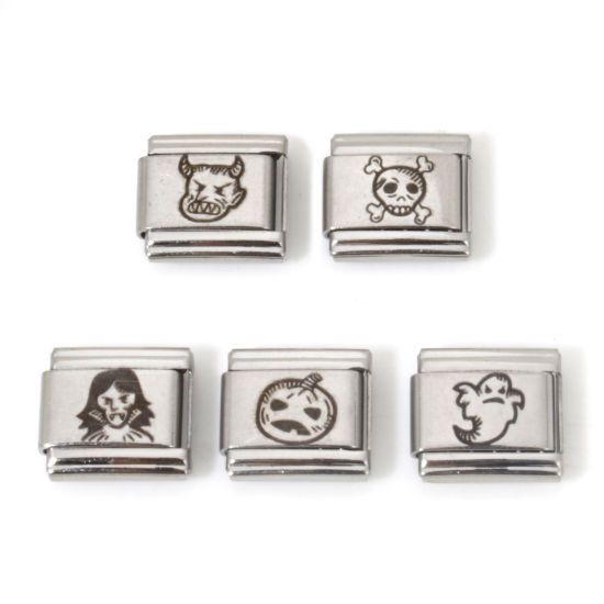 Picture of Stainless Steel Halloween Italian Charm Links For DIY Bracelet Jewelry Making Silver Tone Rectangle 10mm x 9mm