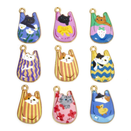 Bild von 10 Stück Zinklegierung Ölgemälde Stil Charms Vergoldet Bunt Tasche Katze Emaille 22mm x 11mm