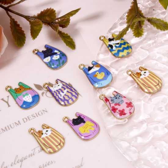 Picture of Zinc Based Alloy Charms Gold Plated Multicolor Bag Cat Enamel 22mm x 11mm