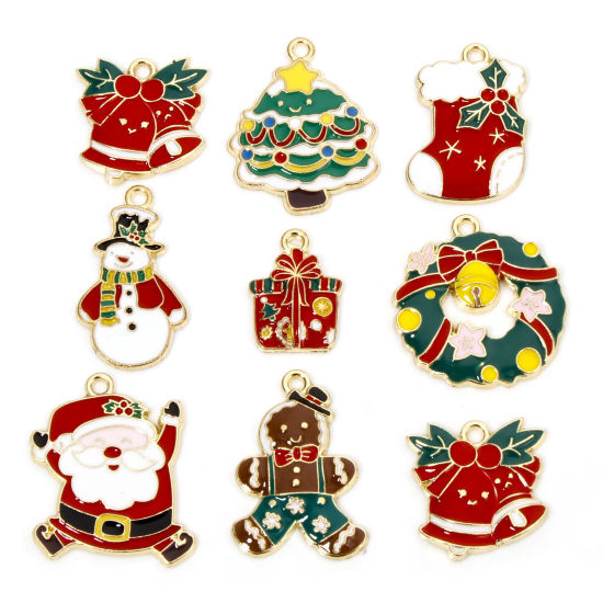 Picture of Zinc Based Alloy Christmas Charms Gold Plated Multicolor Christmas Tree Bell Enamel