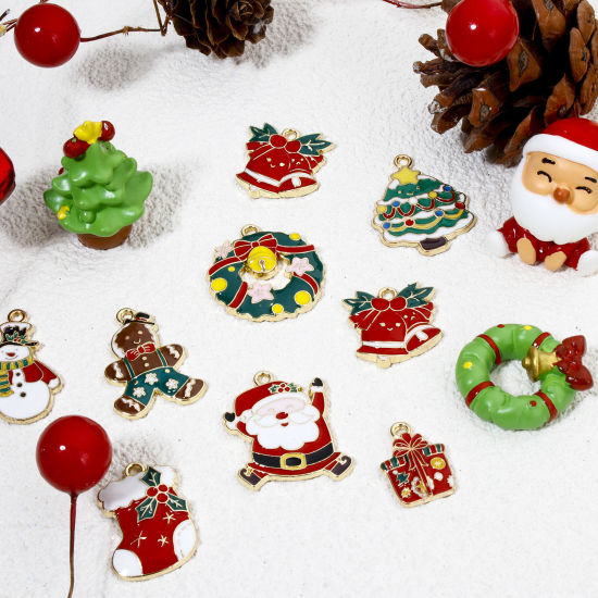 Picture of Zinc Based Alloy Christmas Charms Gold Plated Multicolor Christmas Tree Bell Enamel