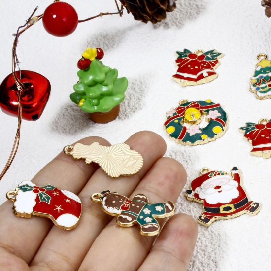 Picture of Zinc Based Alloy Christmas Charms Gold Plated Multicolor Christmas Tree Bell Enamel