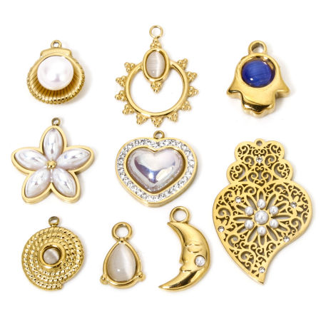 Vacuum Plating 304 Stainless Steel Style Of Royal Court Character Charms Gold Plated Heart Filigree Shell Imitation Pearl