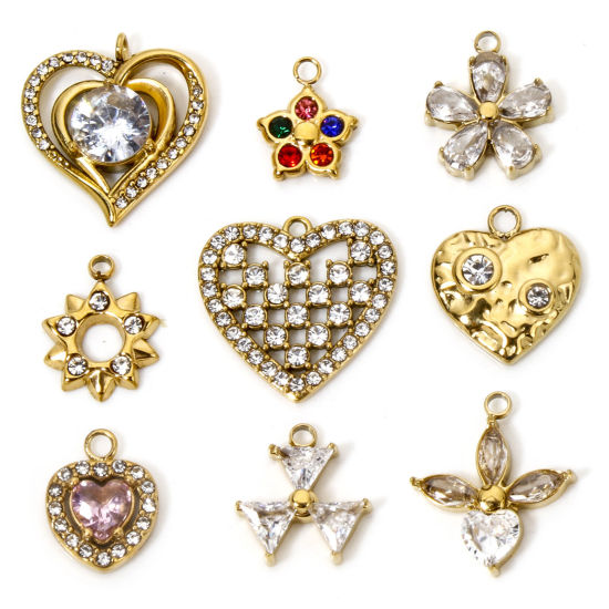 Picture of Vacuum Plating 304 Stainless Steel Valentine's Day Charms Gold Plated Heart Rhinestone Clear Rhinestone