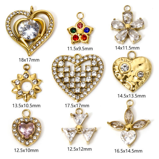 Picture of Vacuum Plating 304 Stainless Steel Valentine's Day Charms Gold Plated Heart Rhinestone Clear Rhinestone