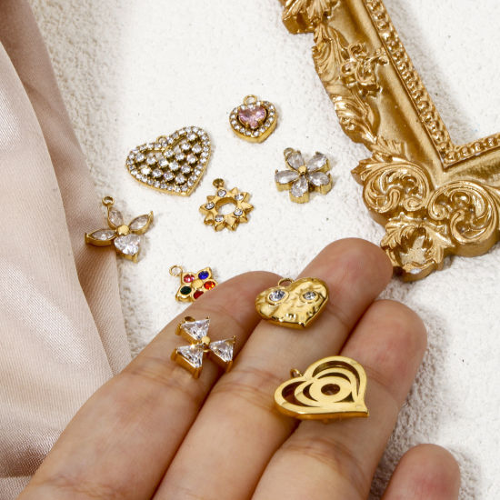 Picture of Vacuum Plating 304 Stainless Steel Valentine's Day Charms Gold Plated Heart Rhinestone Clear Rhinestone