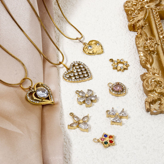 Picture of Vacuum Plating 304 Stainless Steel Valentine's Day Charms Gold Plated Heart Rhinestone Clear Rhinestone
