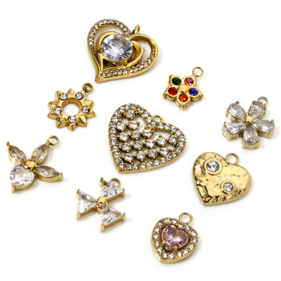 Picture of Vacuum Plating 304 Stainless Steel Valentine's Day Charms Gold Plated Heart Rhinestone Clear Rhinestone