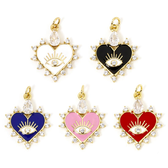 Immagine di 1 Pz Ecologico Ottone San Valentino Ciondoli Cuore 18K Vero Oro Placcato Multicolore Occhi Smalto Trasparente Cubic Zirconiae Trasparente Strass 26mm x 18mm