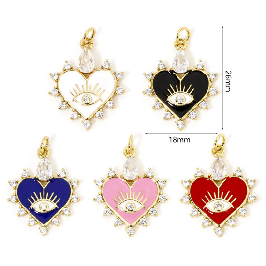 Immagine di 1 Pz Ecologico Ottone San Valentino Ciondoli Cuore 18K Vero Oro Placcato Multicolore Occhi Smalto Trasparente Cubic Zirconiae Trasparente Strass 26mm x 18mm
