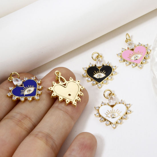 Immagine di 1 Pz Ecologico Ottone San Valentino Ciondoli Cuore 18K Vero Oro Placcato Multicolore Occhi Smalto Trasparente Cubic Zirconiae Trasparente Strass 26mm x 18mm