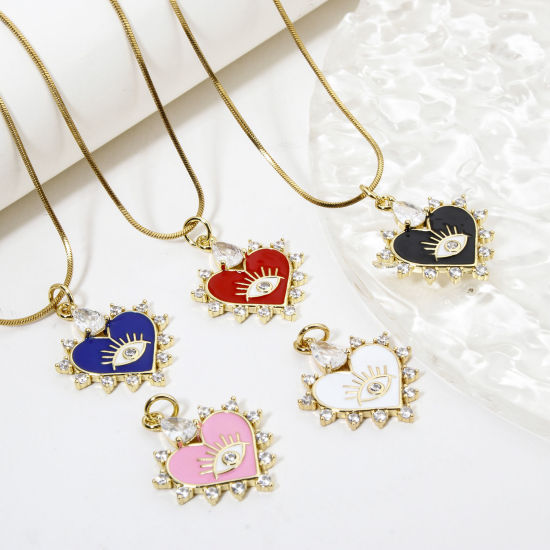 Immagine di 1 Pz Ecologico Ottone San Valentino Ciondoli Cuore 18K Vero Oro Placcato Multicolore Occhi Smalto Trasparente Cubic Zirconiae Trasparente Strass 26mm x 18mm
