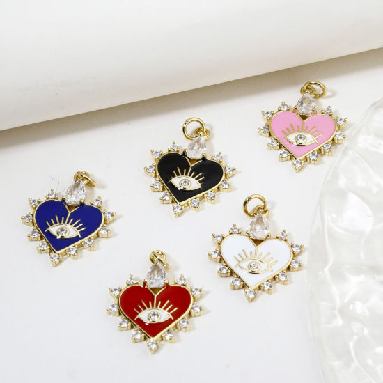 Immagine di 1 Pz Ecologico Ottone San Valentino Ciondoli Cuore 18K Vero Oro Placcato Multicolore Occhi Smalto Trasparente Cubic Zirconiae Trasparente Strass 26mm x 18mm