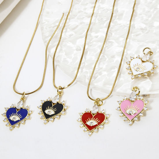 Immagine di 1 Pz Ecologico Ottone San Valentino Ciondoli Cuore 18K Vero Oro Placcato Multicolore Occhi Smalto Trasparente Cubic Zirconiae Trasparente Strass 26mm x 18mm