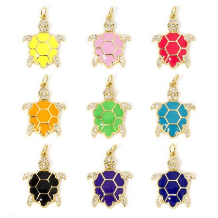 Bild von 1 Stück Umweltfreundlich Messing Ozean Schmuck Charms 18K Echtgold plattiert Bunt Schildkröte Emaille Klar Zirkonia 26mm x 17mm