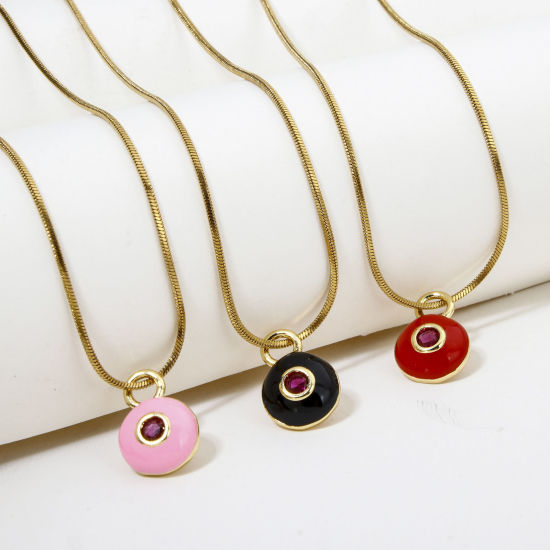 Bild von 1 Stück Umweltfreundlich Messing Charms 18K Echtgold plattiert Bunt Rund Emaille Lila Zirkonia 13mm x 9mm