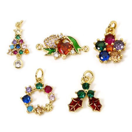 Eco-friendly Brass Christmas Charms 18K Real Gold Plated Multicolour Cubic Zirconia