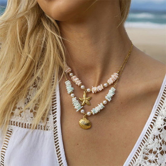 Image de 1 Pièce Collier à Pendentif Plage en 304 Acier Inoxydable & Coquille Hypoallergénique Pastorale Naturelle Plaqué Or Véritable 18K Multicolore Etoile de Mer Coquilles Pour Femmes Fête