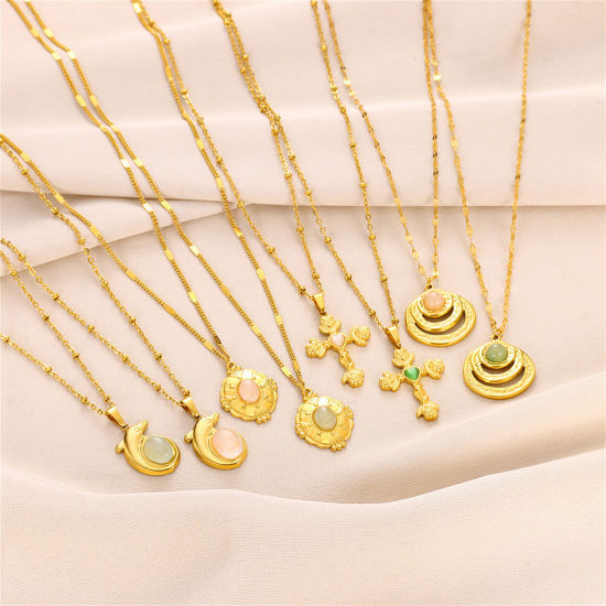Imagen de 1 Unidad Enchapado al Vacío Sencillo & Casual Religión Chapado en Oro de 18K 304 Acero Inoxidable & Piedra Cadenas Bola Cruz Rosa Collar con Colgante Para Mujeres Fiesta