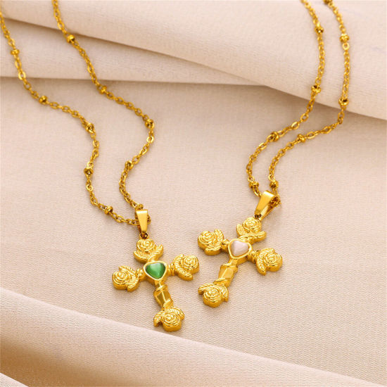 Imagen de 1 Unidad Enchapado al Vacío Sencillo & Casual Religión Chapado en Oro de 18K 304 Acero Inoxidable & Piedra Cadenas Bola Cruz Rosa Collar con Colgante Para Mujeres Fiesta