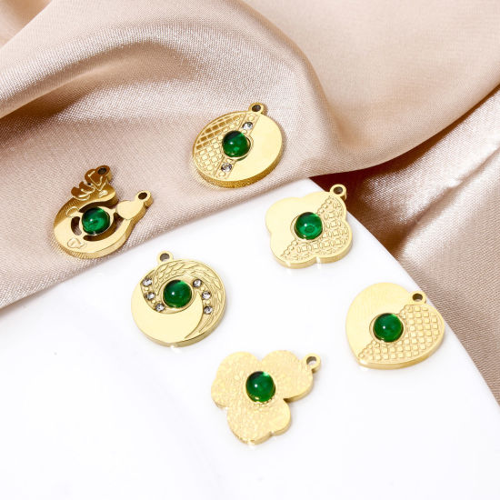 Bild von 1 Stück Vakuumbeschichtung 304 Edelstahl Charms Geometrie 18K Vergoldet Grün Mit Glas Cabochon