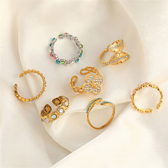 Picture of Vacuum Plating Stylish Ins Style Multicolor 304 Stainless Steel & Rhinestone Open Heart Rings For Women Party
