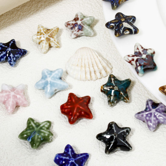 Bild von 10 Stück Keramik Ozean Schmuck Perlen zur DIY-Schmuckherstellung Seesterne Bunt 3D ca. 22mm x 19mm, Loch:ca. 2mm