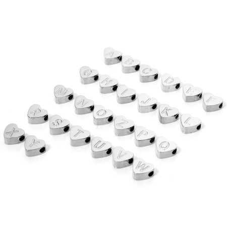 304 Stainless Steel Valentine's Day Beads For DIY Jewelry Making Heart Silver Tone Capital Alphabet Initial Letter Message " A-Z " 8mm x 7mm, Hole: Approx 2mm