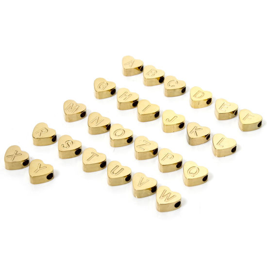 Image de 2 Pcs Perles pour DIY Fabrication de Bijoux en 304 Acier Inoxydable Placage sous Vide Cœur Plaqué Or 18K Alphabet Initial/ Lettre Majuscule Message " A-Z" 8mm x 7mm, Trou: env. 2mm