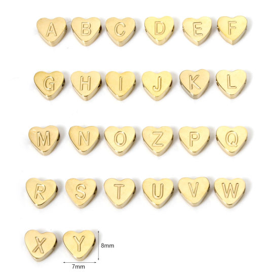Image de 2 Pcs Perles pour DIY Fabrication de Bijoux en 304 Acier Inoxydable Placage sous Vide Cœur Plaqué Or 18K Alphabet Initial/ Lettre Majuscule Message " A-Z" 8mm x 7mm, Trou: env. 2mm