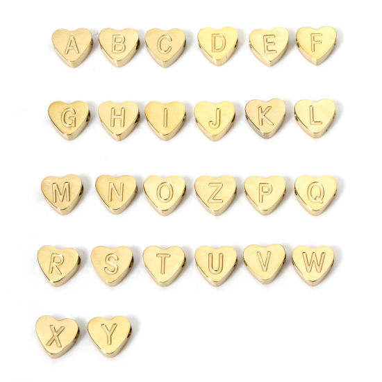 Image de 2 Pcs Perles pour DIY Fabrication de Bijoux en 304 Acier Inoxydable Placage sous Vide Cœur Plaqué Or 18K Alphabet Initial/ Lettre Majuscule Message " A-Z" 8mm x 7mm, Trou: env. 2mm