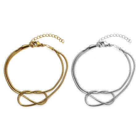 Picture of 304 Stainless Steel Double Layer Snake Chain Bracelets Love Knot 17cm(6.7") long
