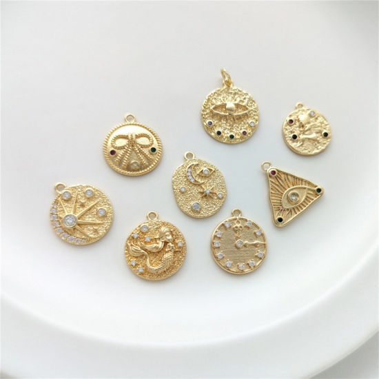 Picture of Eco-friendly Brass Charms 14K Real Gold Plated Round Multicolour Cubic Zirconia