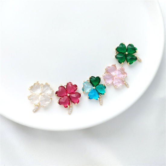 Image de 1 Pièce Breloques en Laiton & Verre Respectueux de la Nature Trèfle à Quatre Feuilles Plaqué Or Véritable 14K 20mm x 16.5mm