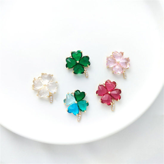 Image de 1 Pièce Breloques en Laiton & Verre Respectueux de la Nature Trèfle à Quatre Feuilles Plaqué Or Véritable 14K 20mm x 16.5mm